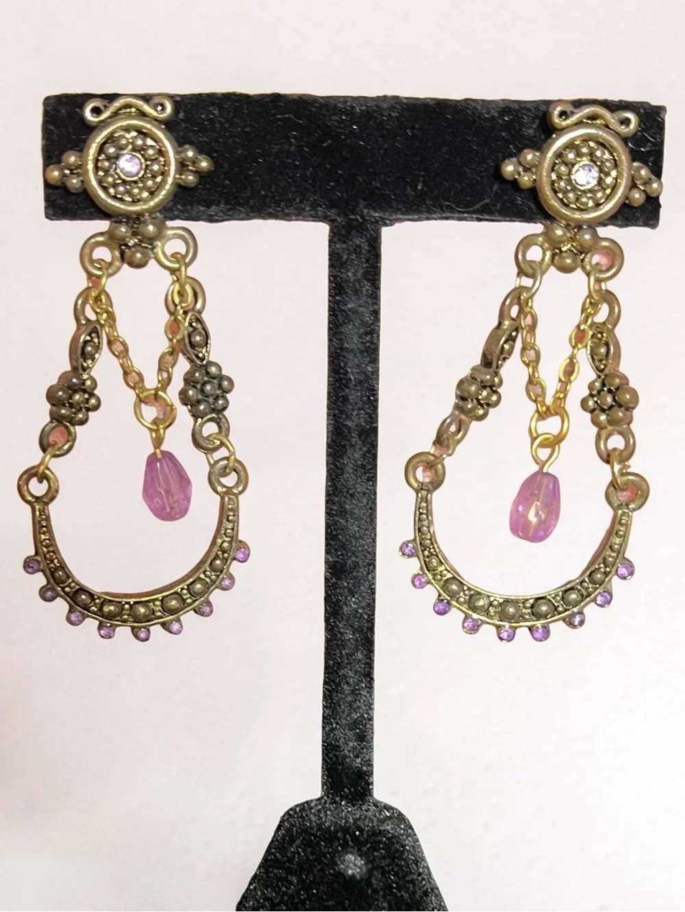 Vintage Gold and Purple Teardrop Dangle Earrings